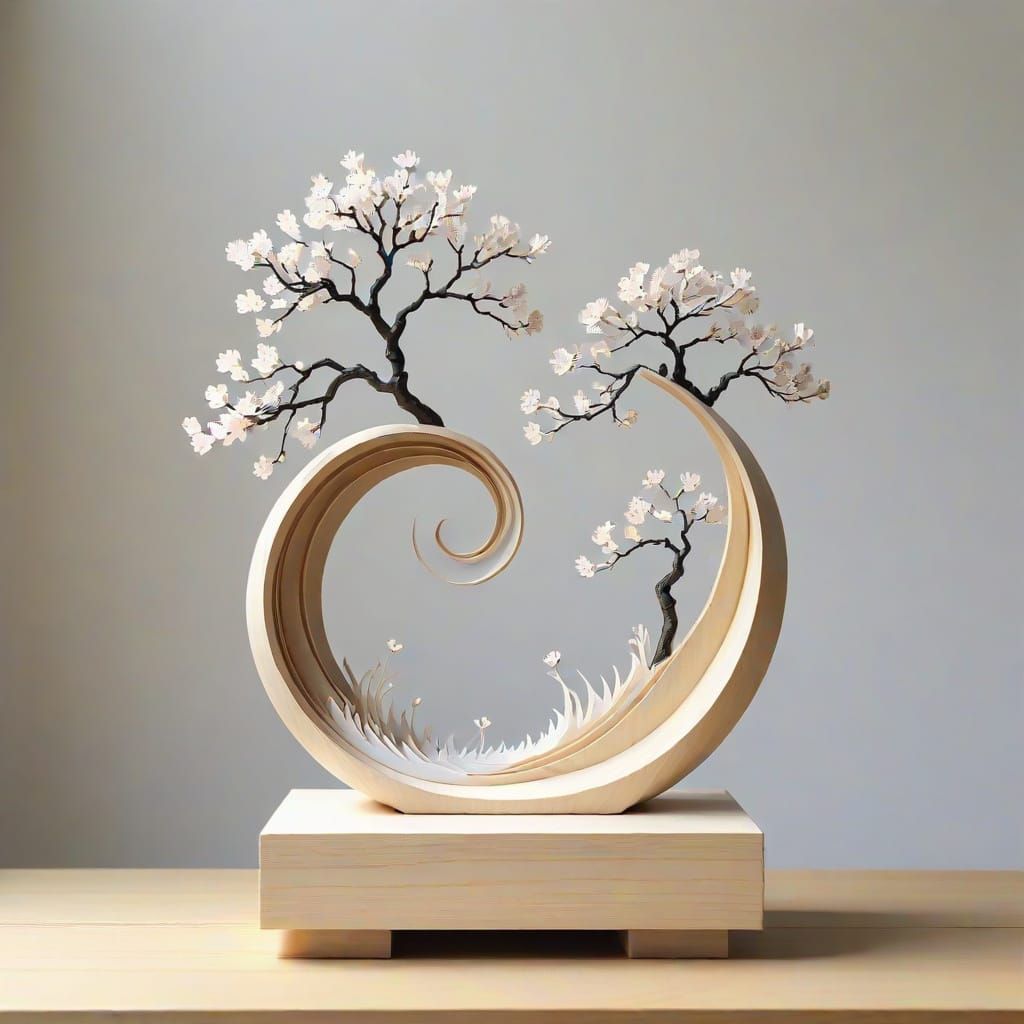Stylized Abstract Waves Sculpture in Japanese Minimalist Aes...