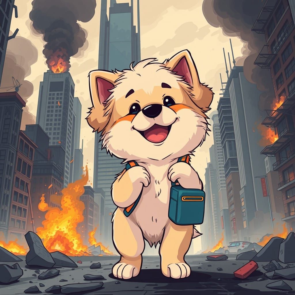 Fluffy Puppy Smiles Amidst Futuristic Urban Ruins