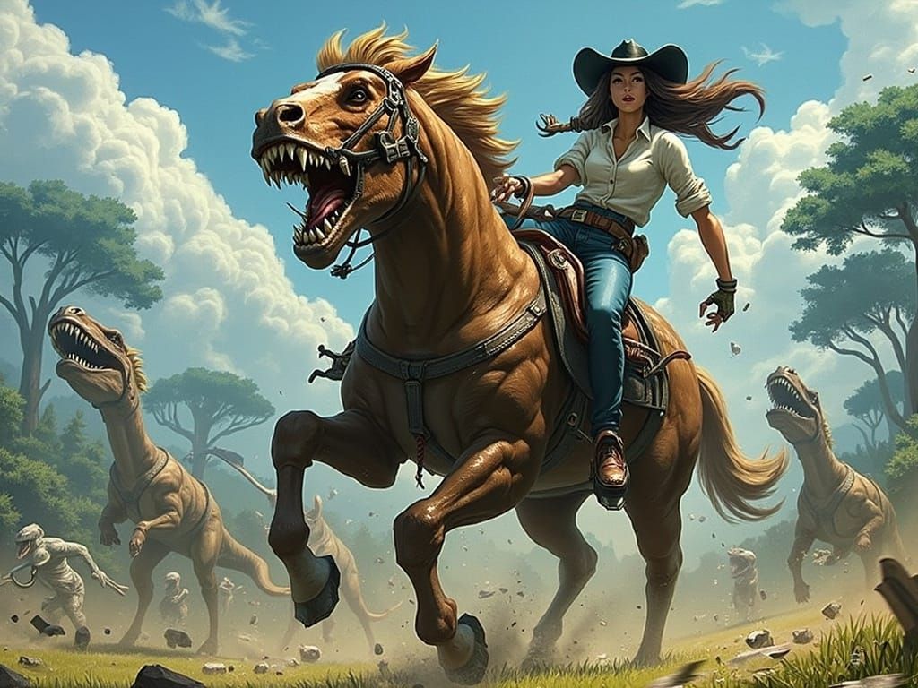 Woman Rides Dinosaur-Headed Horse in Prehistoric Battle