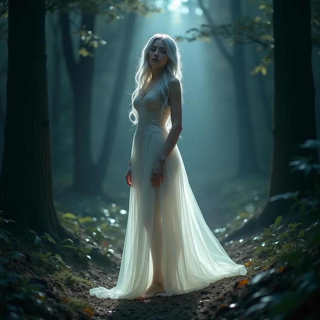 Moonlit Woman in Forest, Dreamy Digital Art