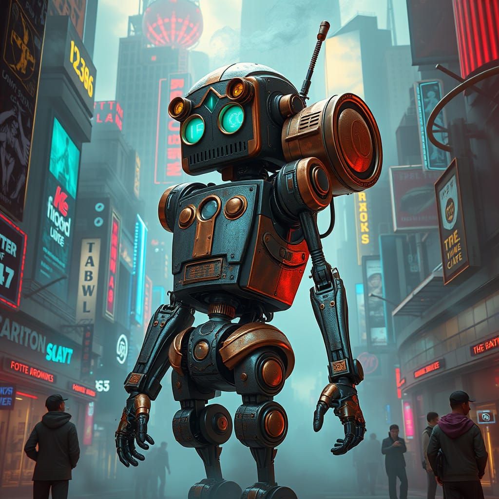 1920s Robot Hero in Futuristic Metropolis