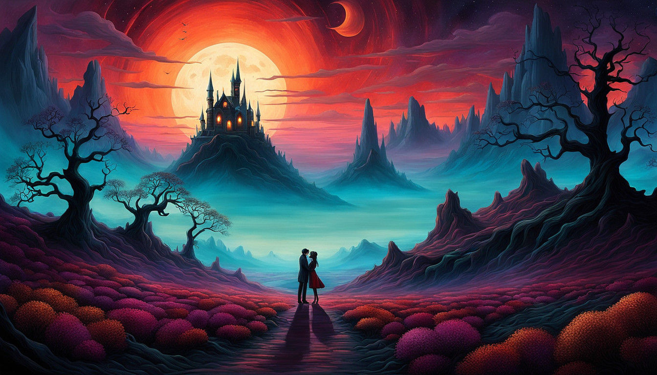 Ethereal Couple's Farewell in a Cosmic Dreamscape