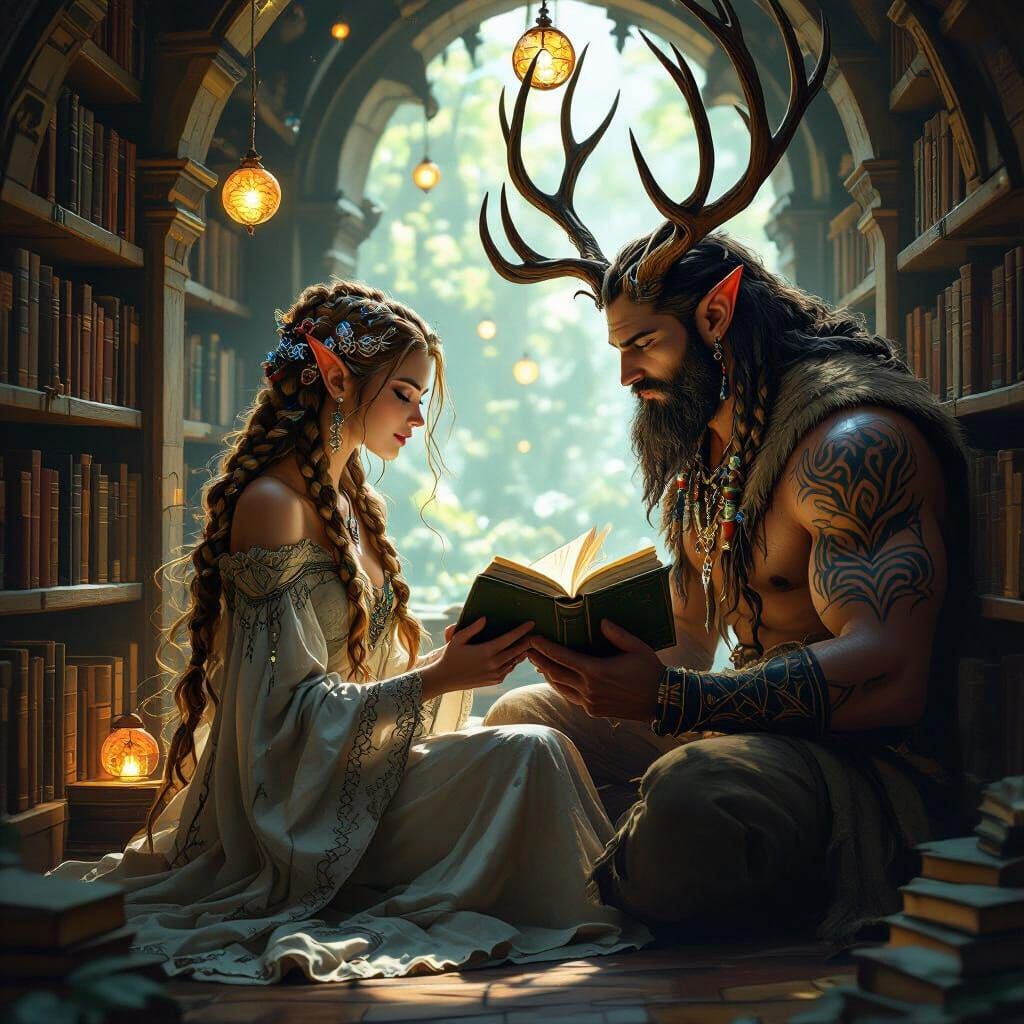 a cozy scene set in a hidden alcove within an ancient library