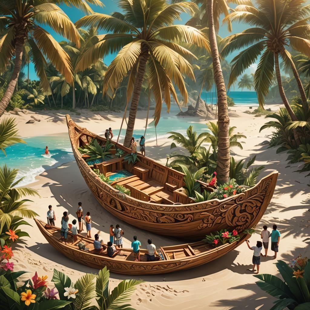 Costa Rican Beach Boat Construction: Fantasy Digital Art