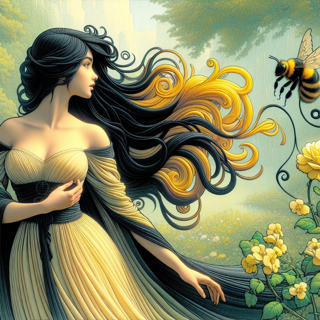 Disney Pixar style 3D beautiful woman long flowing black hair, wearing a flowy dress of yellow and black, holding a flow...
