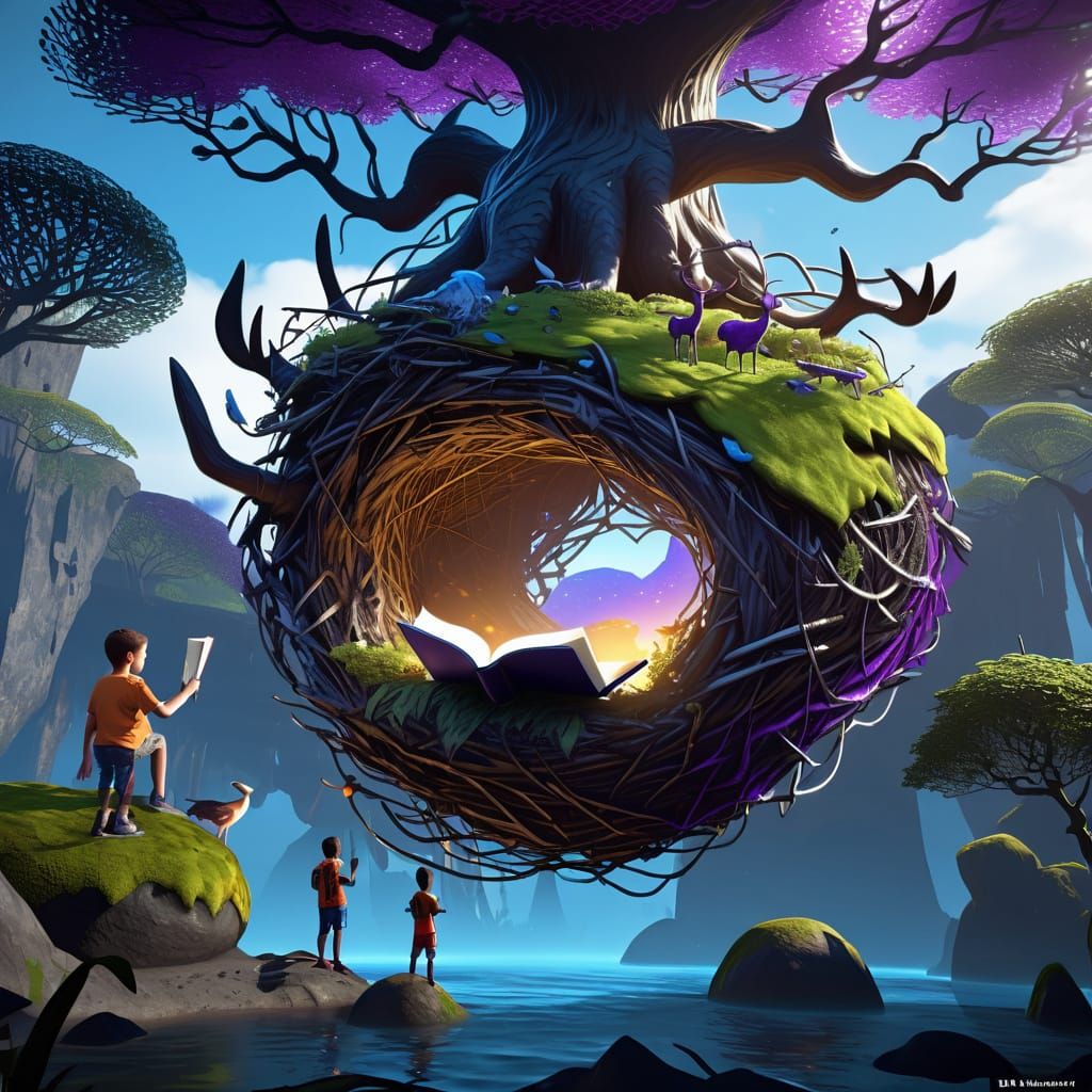 Antlered Giant Reads to Children on Floating Island