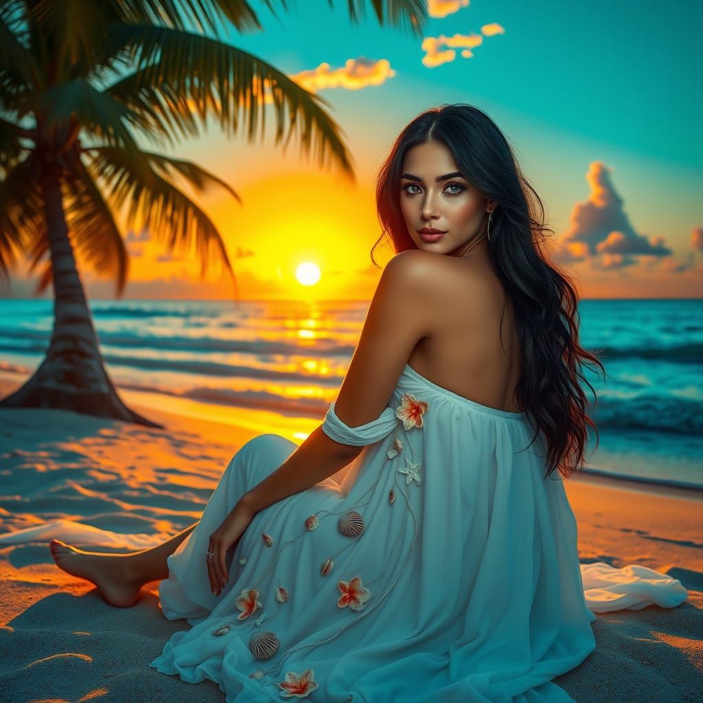 Ethereal Tropical Goddess in Sunset Glow