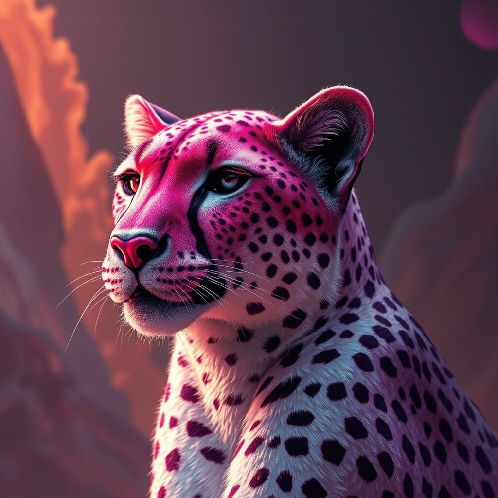 Vibrant Pink Cheetah in Dreamlike, High-Contrast Landscape