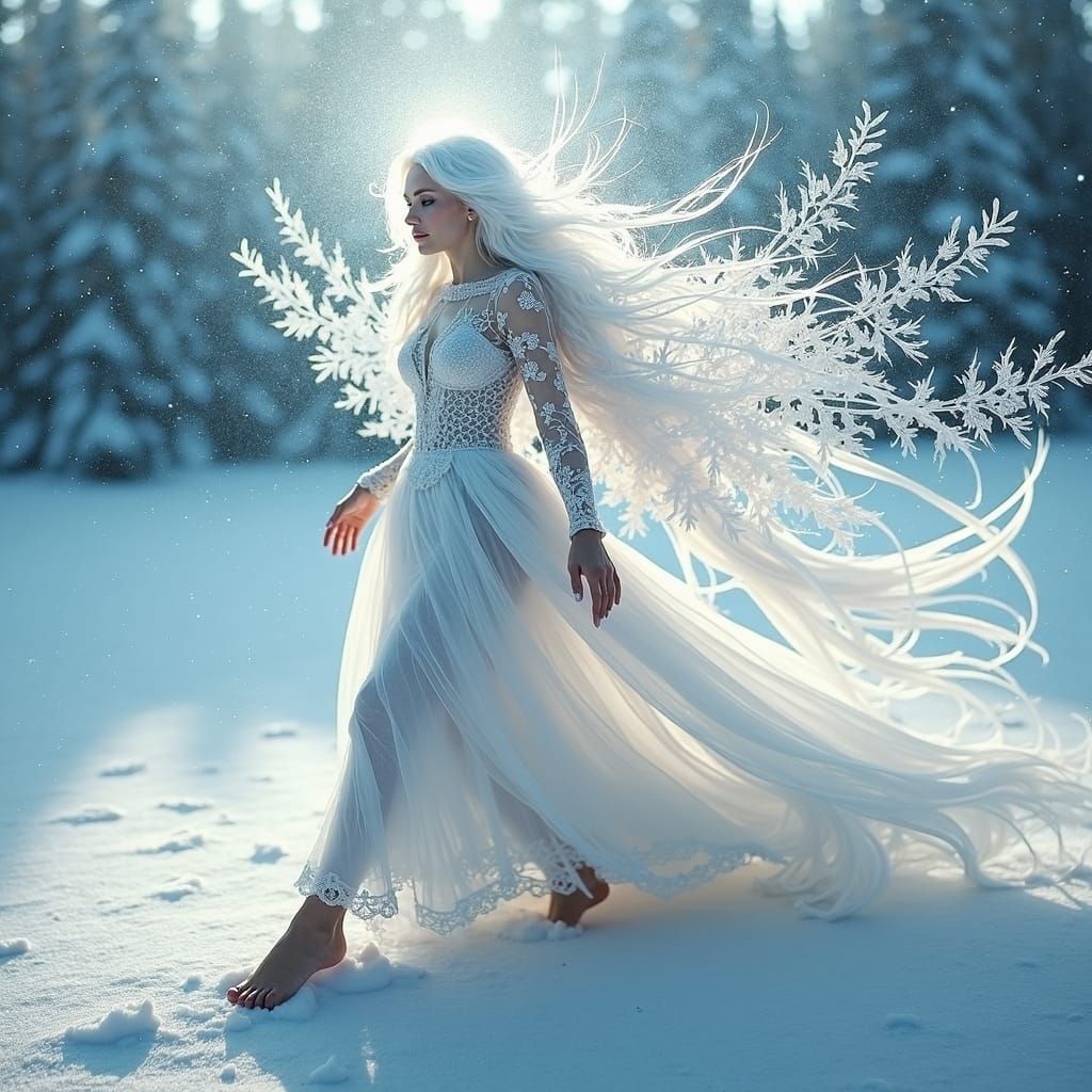 Winter Woman with Snowflake Wings in Dreamy Style