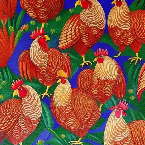 Detailed Roosters and Hens with Intricate Feathers