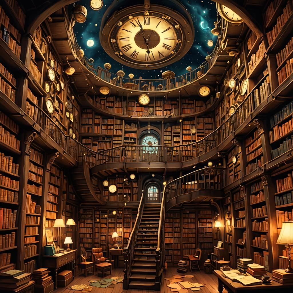 Vast psychonaut atmosphere area with massive bookshelves abo...