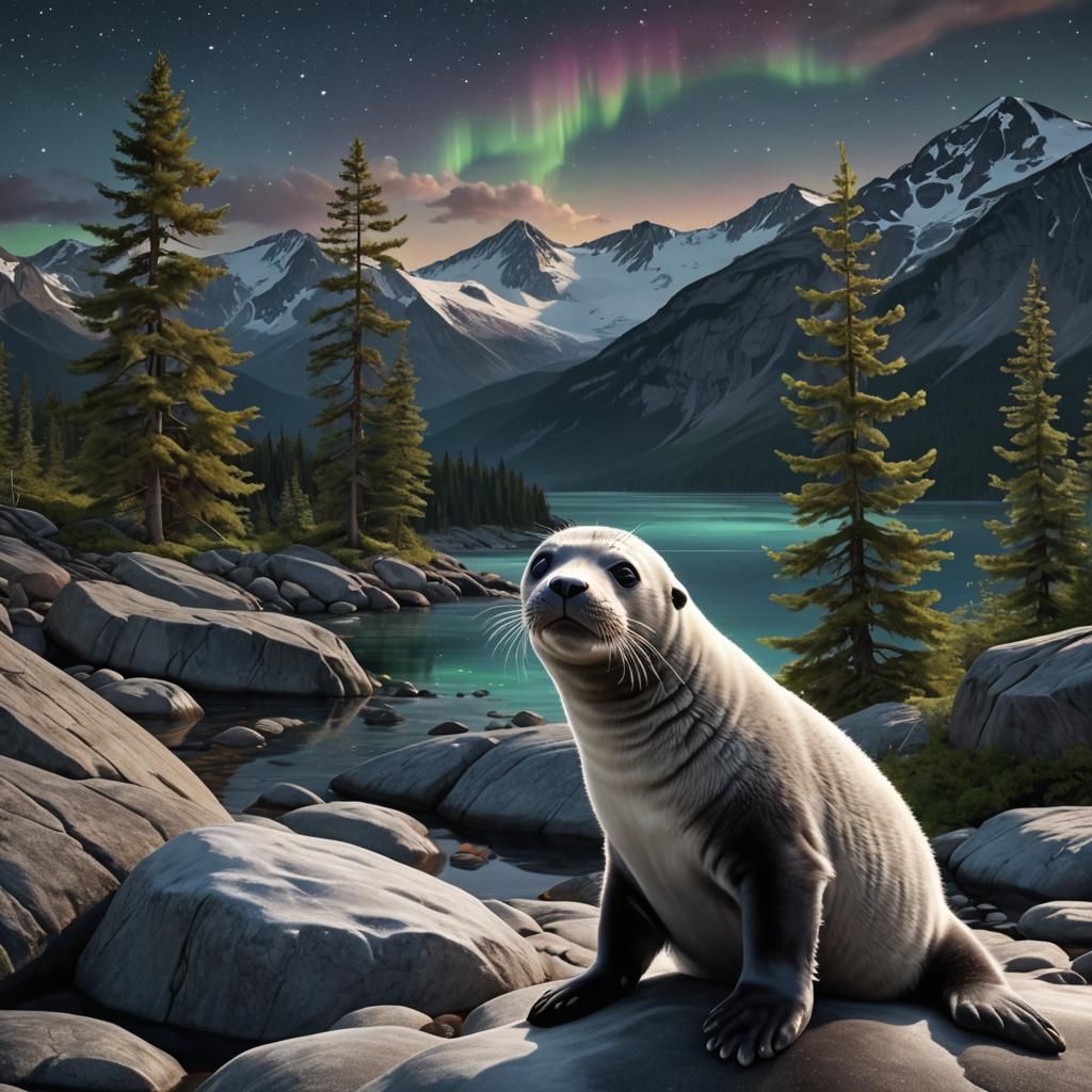 Baby Seal Gazes at Aurora Under Starry Sky