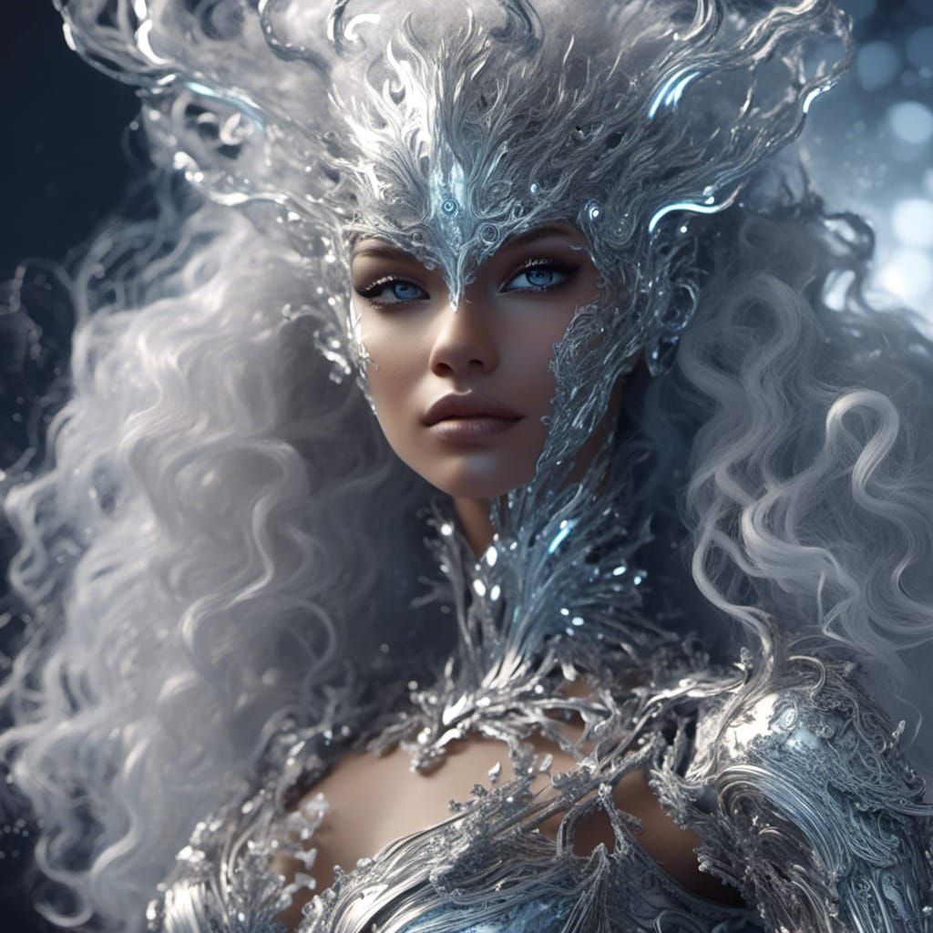 Metallic Gaze: Shimmering Figure in Electric Light