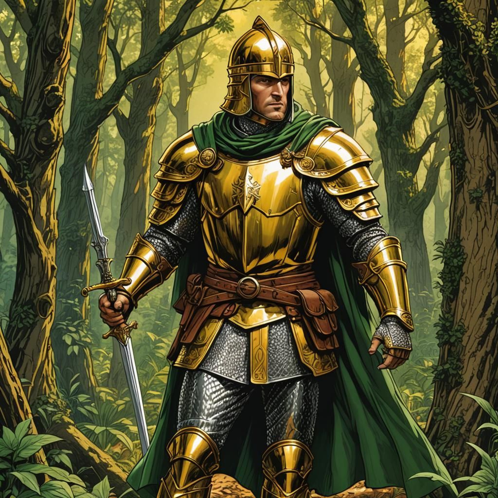 Heroic Ivanhoe in Lush Forest, Comic Book Art