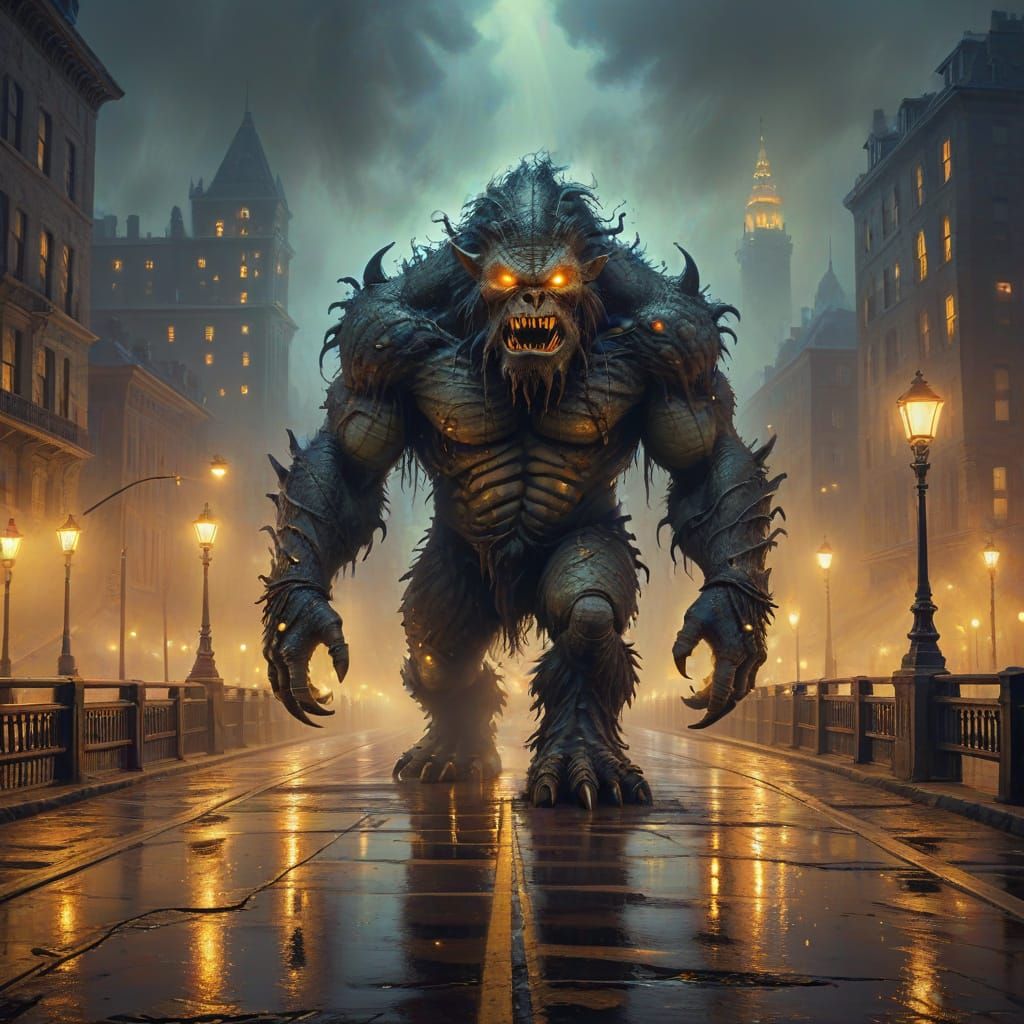 Monster Walks into City as Oil Painting