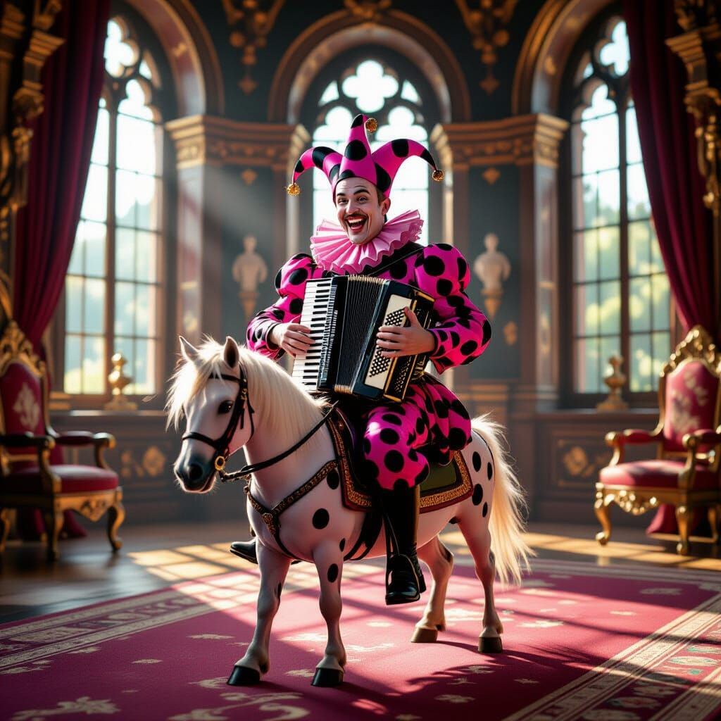 Jester on Dotted Pony in Throne Room, Rembrandt Style