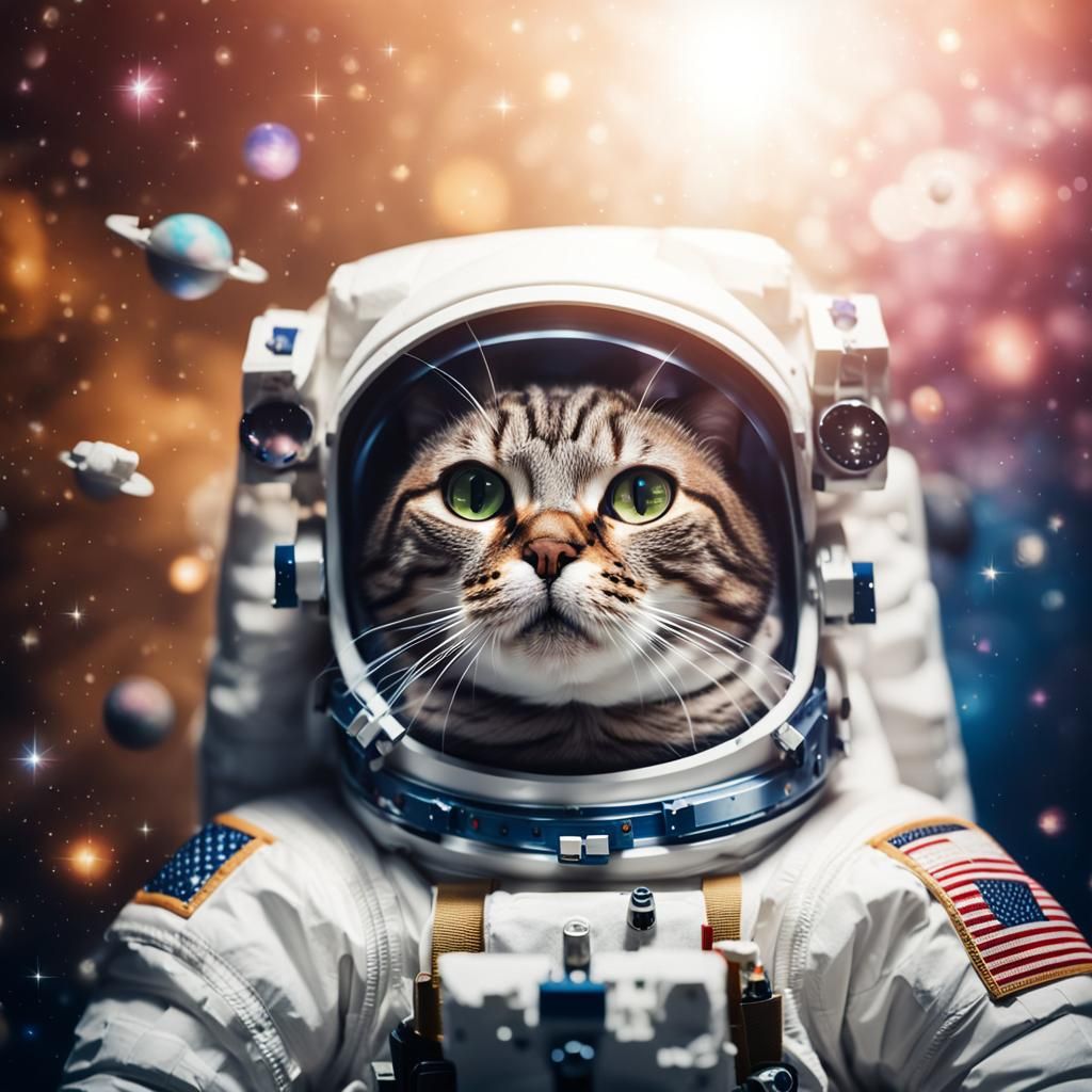 Cat Astronaut Floating in Space, Professional Photography