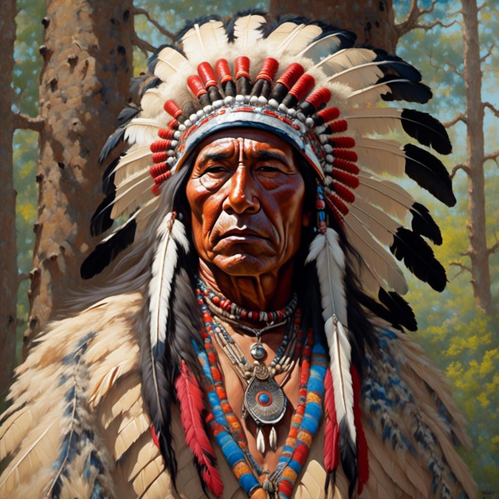 Native American Chief Portrait in Encaustic Style