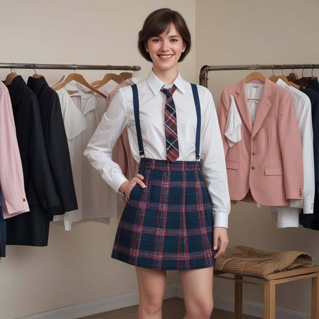 A Woman in a Clothing Store, Surrounded by School Uniforms