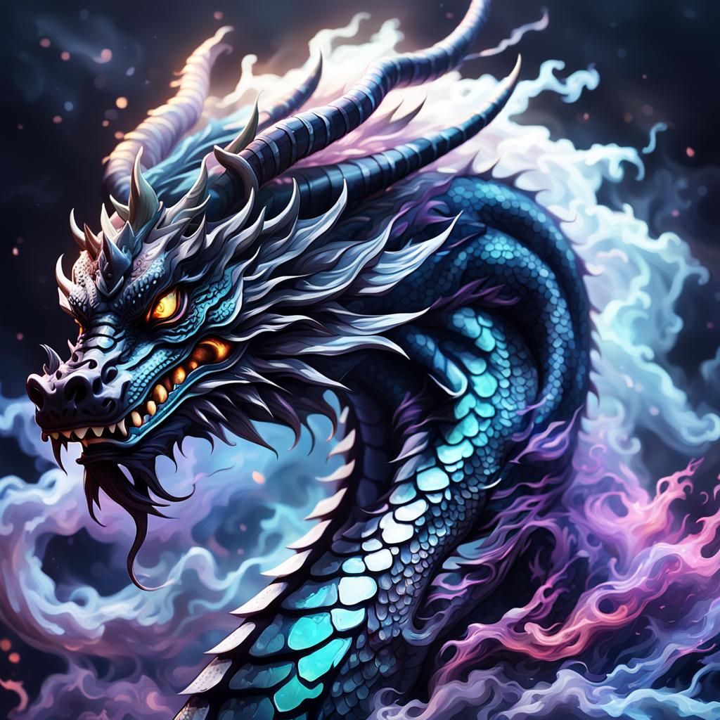 Ethereal Black Chinese Dragon with White Markings