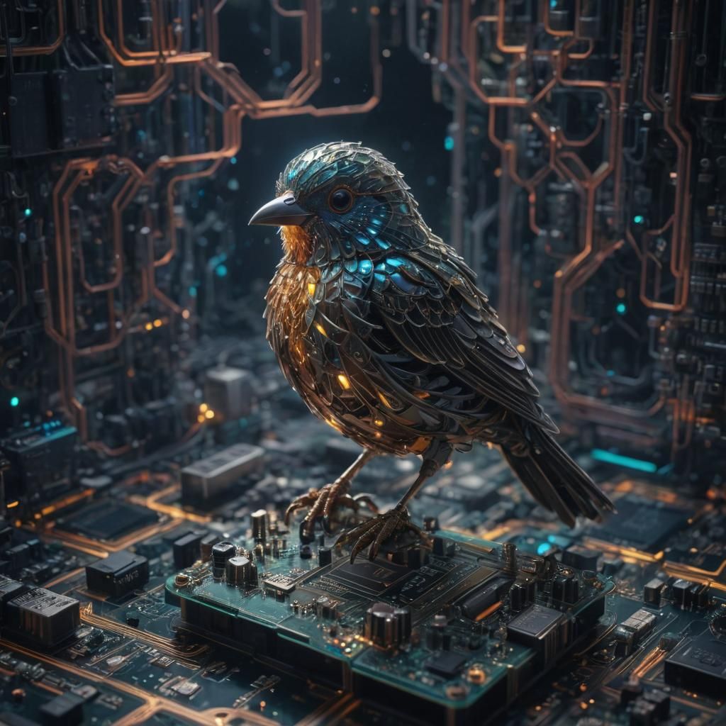 Glowing Circuit Board Bird in Digital Art Style