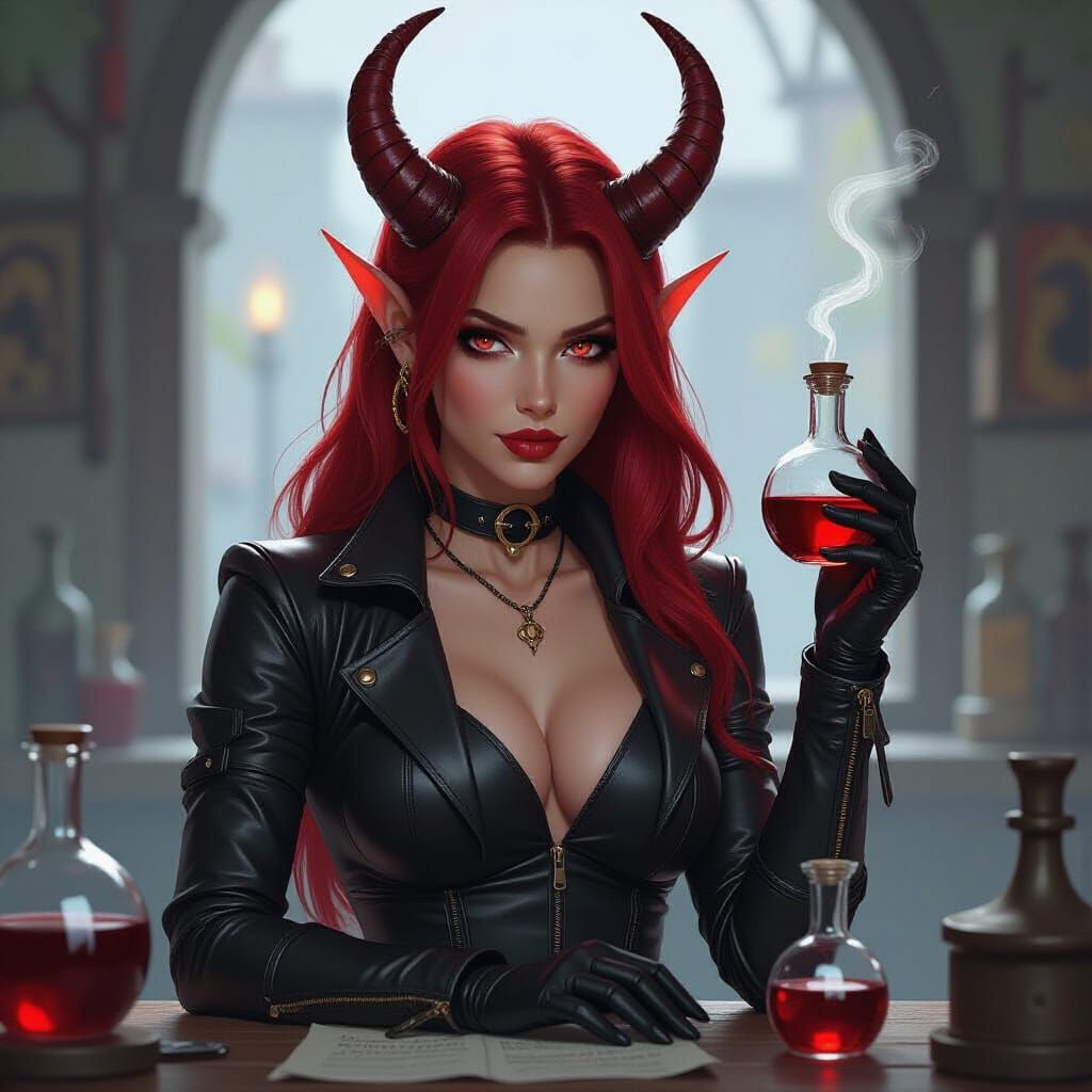 Tiefling Alchemist in Sleek Leather Suit: Dark Fantasy Art