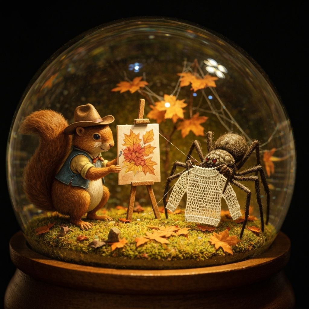 Cowboy Squirrel Paints Autumn in Snow Globe Diorama