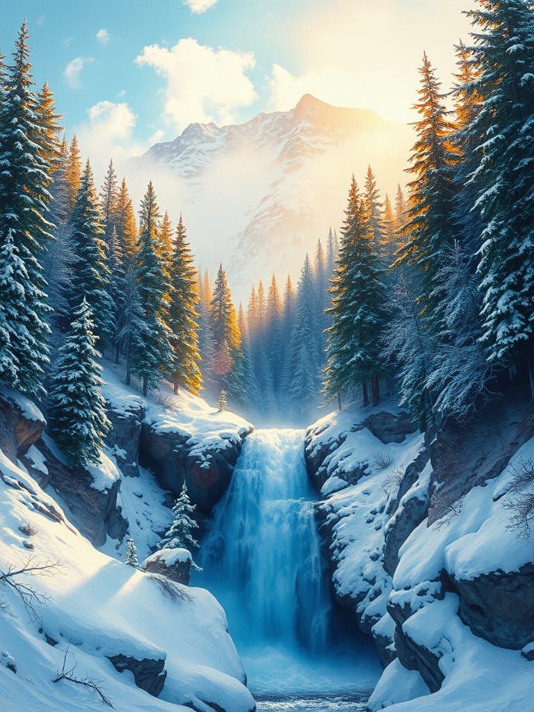 Winter Wonderland Waterfall in Vibrant Colors