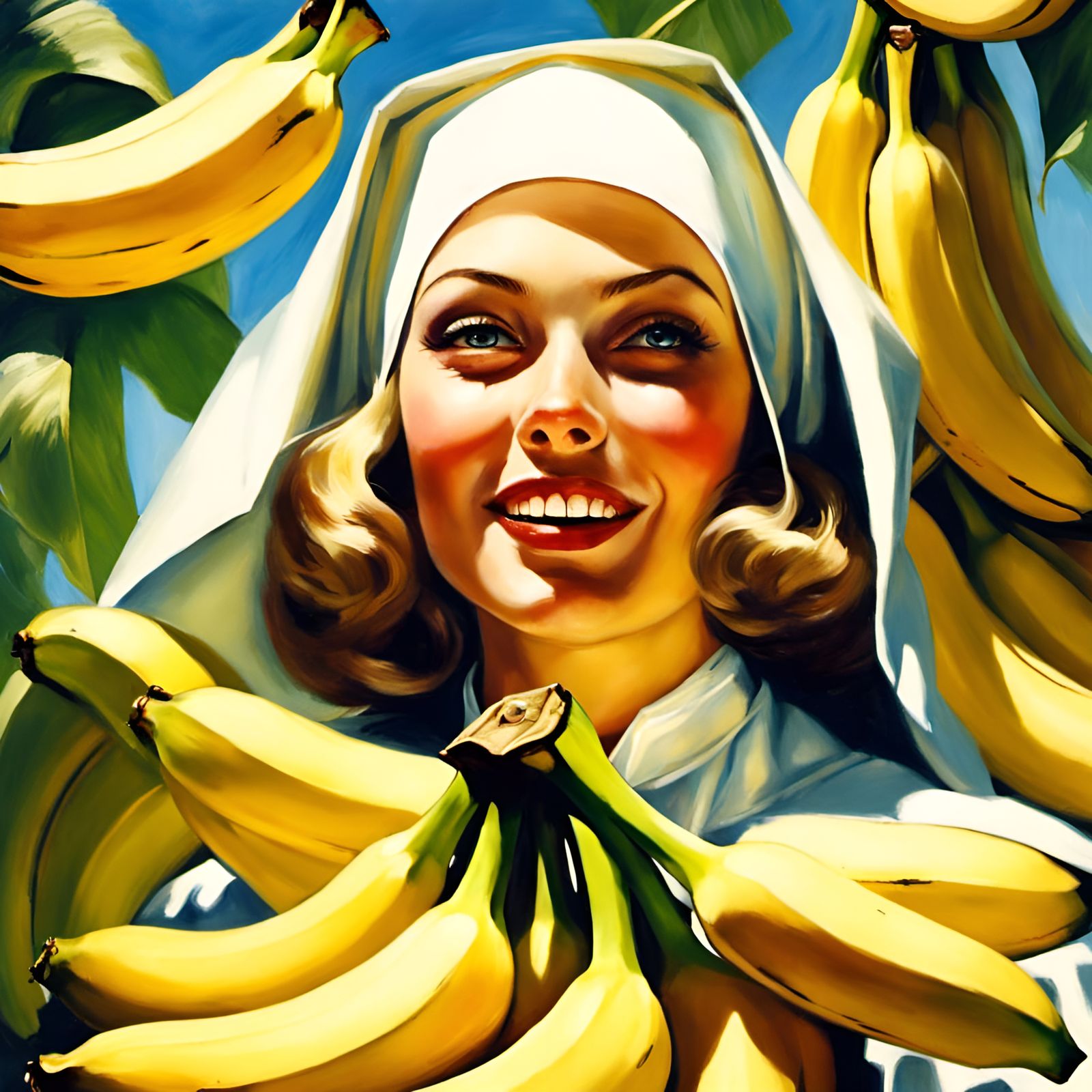 Flirty Nun Surrounded by Bananas, Pin-Up Style
