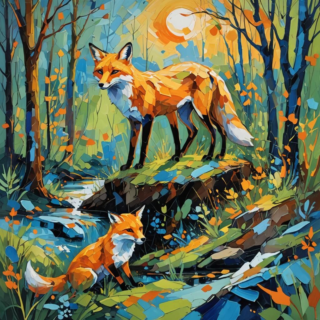 Fox and Cat Hunting in Abstract Expressionism Style