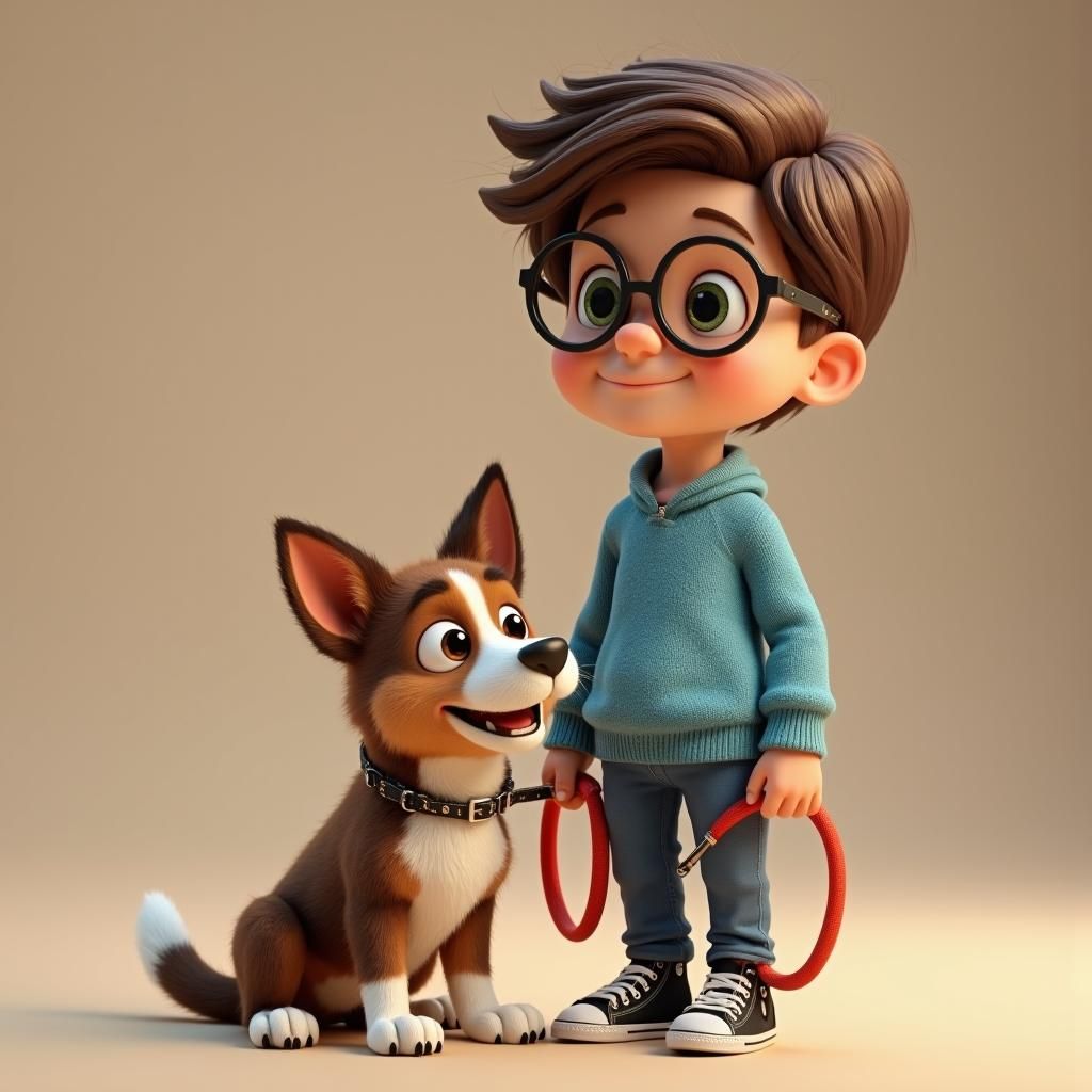 Boy and Border Collie Puppy in Pixar-Inspired 3D Art