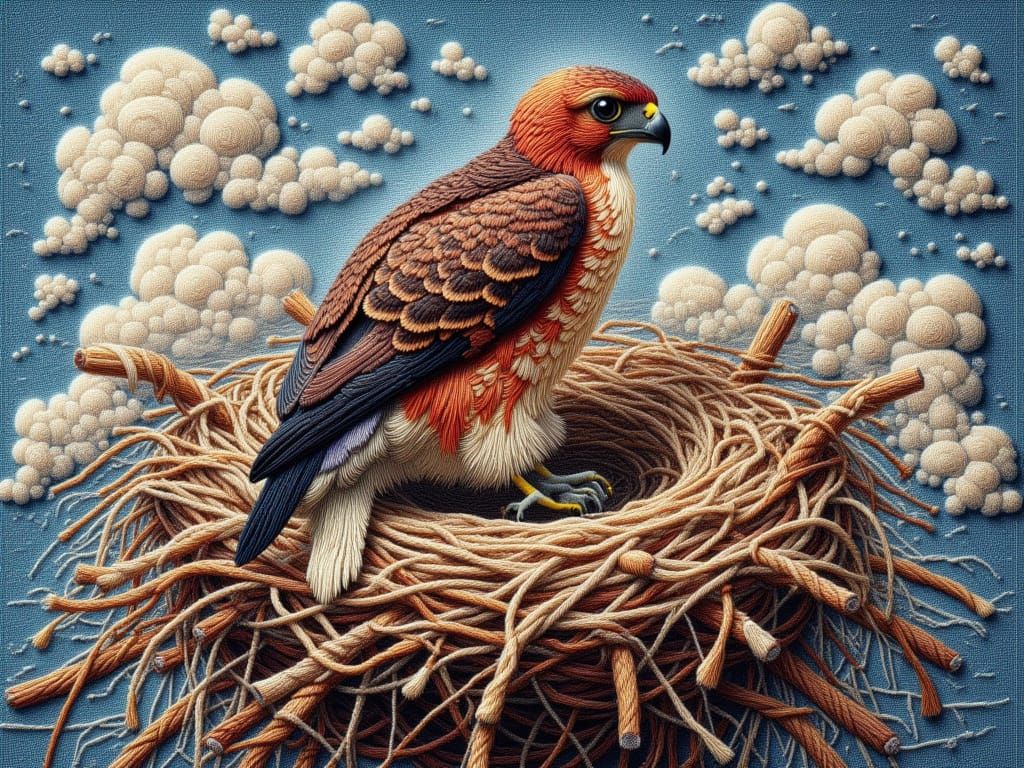 Embroidered Needlepoint Hawk on Nest Textile Art