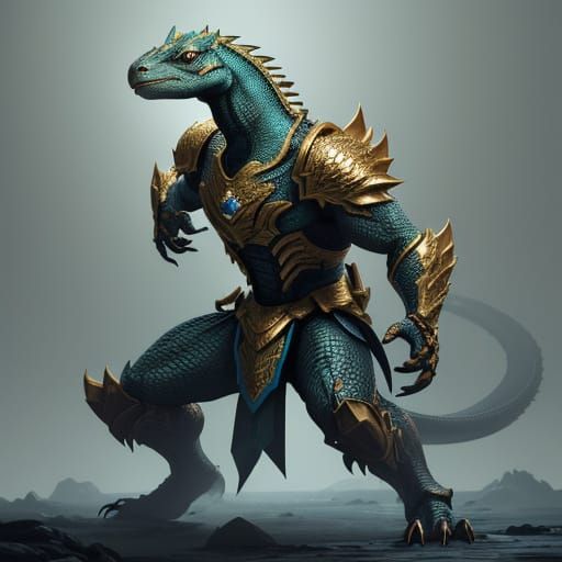 Komodo Dragon Warrior in Metallic Armor Unleashes Battle Spi...