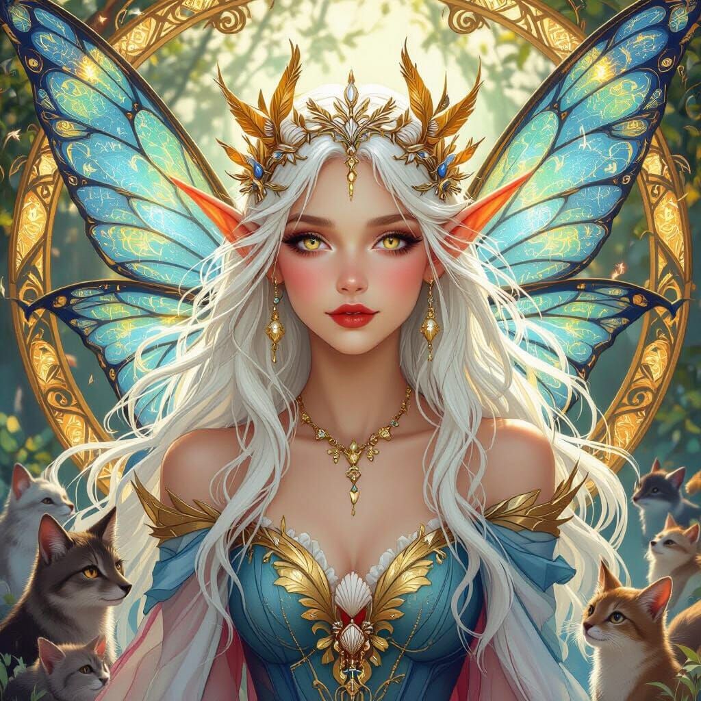 Luminescent Blue & Gold Fairy with Catlike Eyes