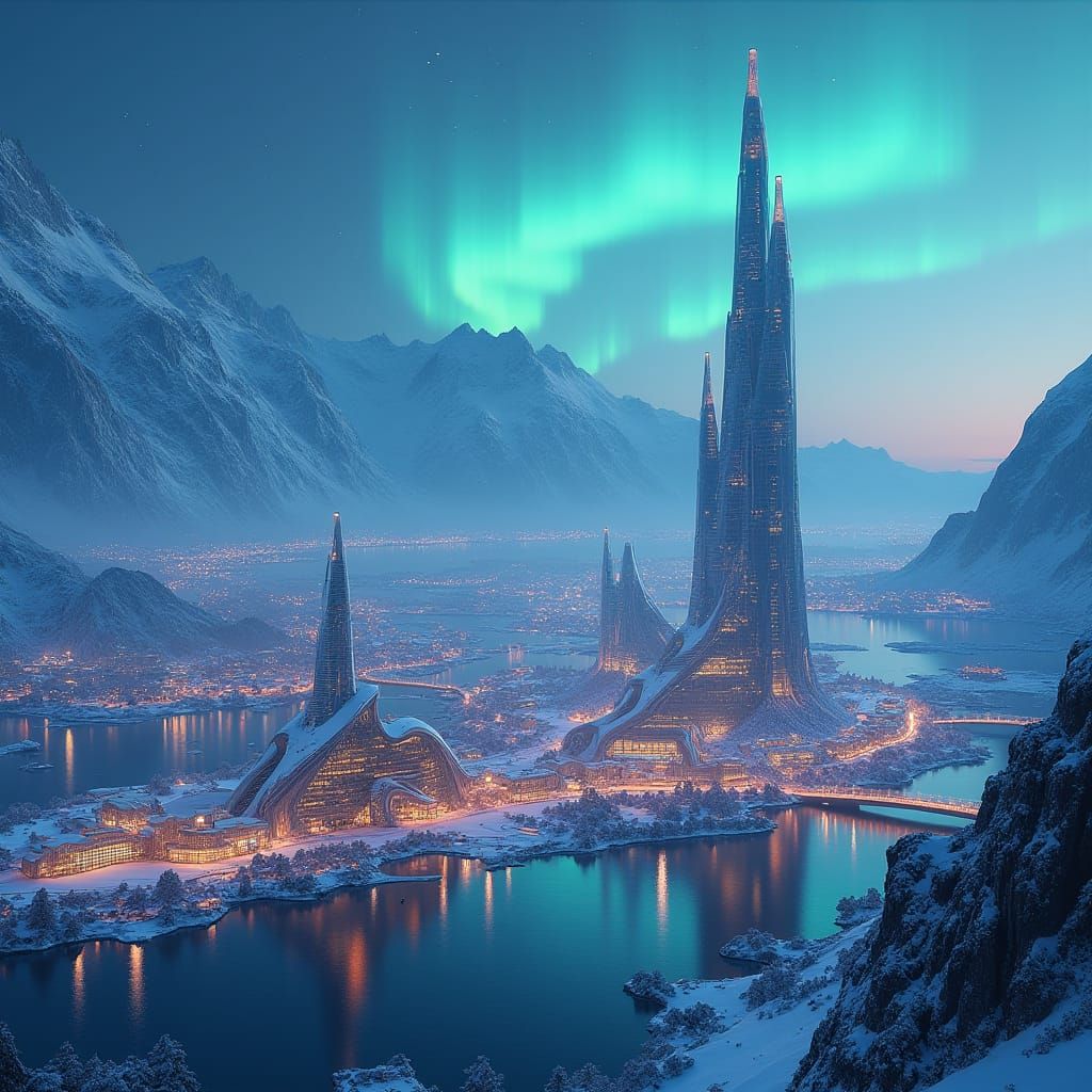 Futuristic Norwegian Cityscape Under Aurora Borealis