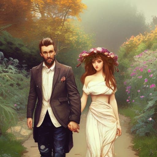 Detailed Portrait of Couple in Garden, Digital Art