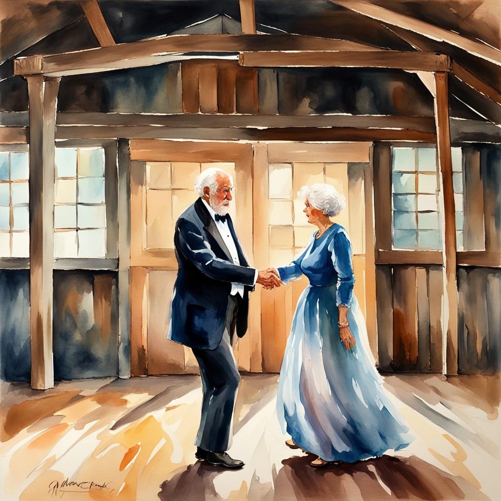 Elderly Couple Waltzing in Watercolor Gouache Style