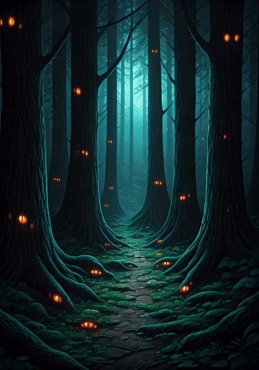 Ethereal Dark Forest Illuminated by Fungal Glow
