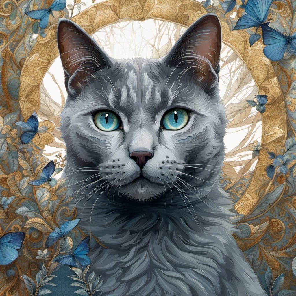 Beautiful Russian Blue Cat with Reflective Eyes