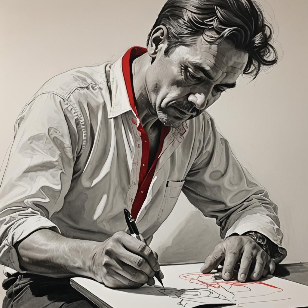 Recursive Man Drawing: Black, Red, and White