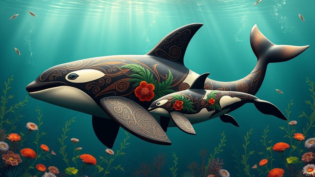 Maori Orca Whale and Baby in Underwater Scene