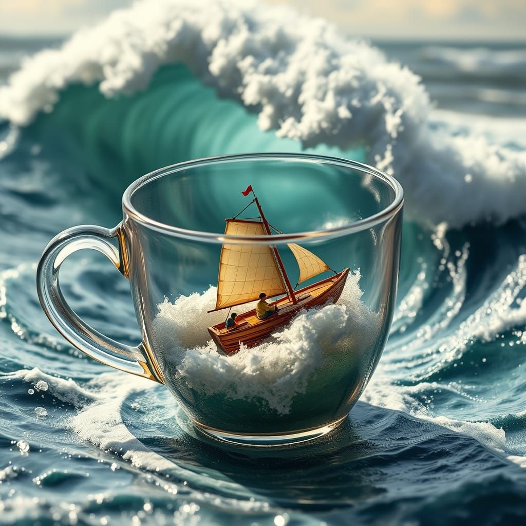 A miniature Surfing Boat inside a glass teacup.