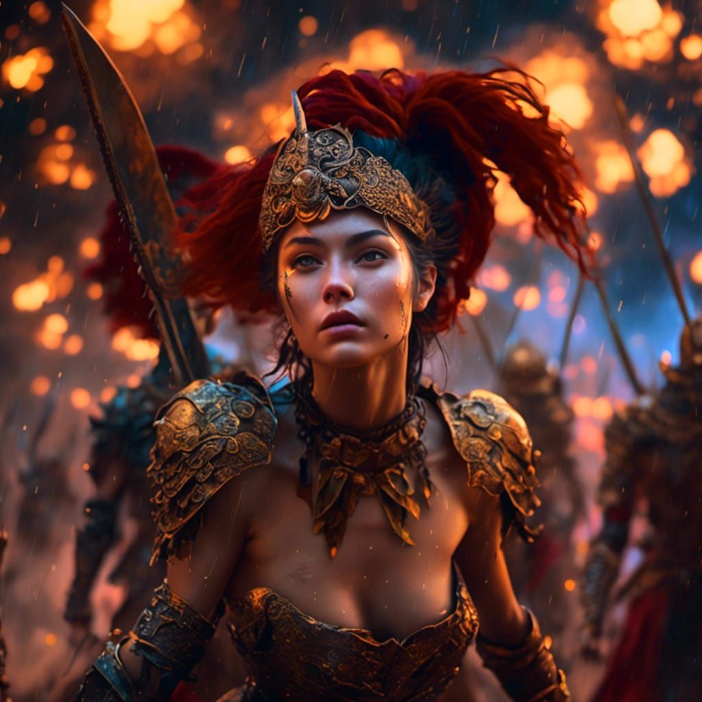 Female Warriors Prepare for Battle in Misty Landscape