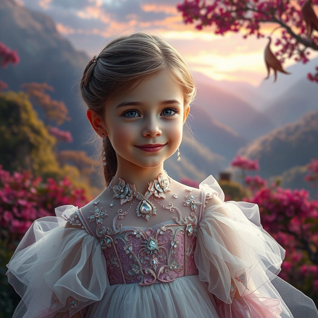 Whimsical Young Girl in Enchanted Forest Landscape