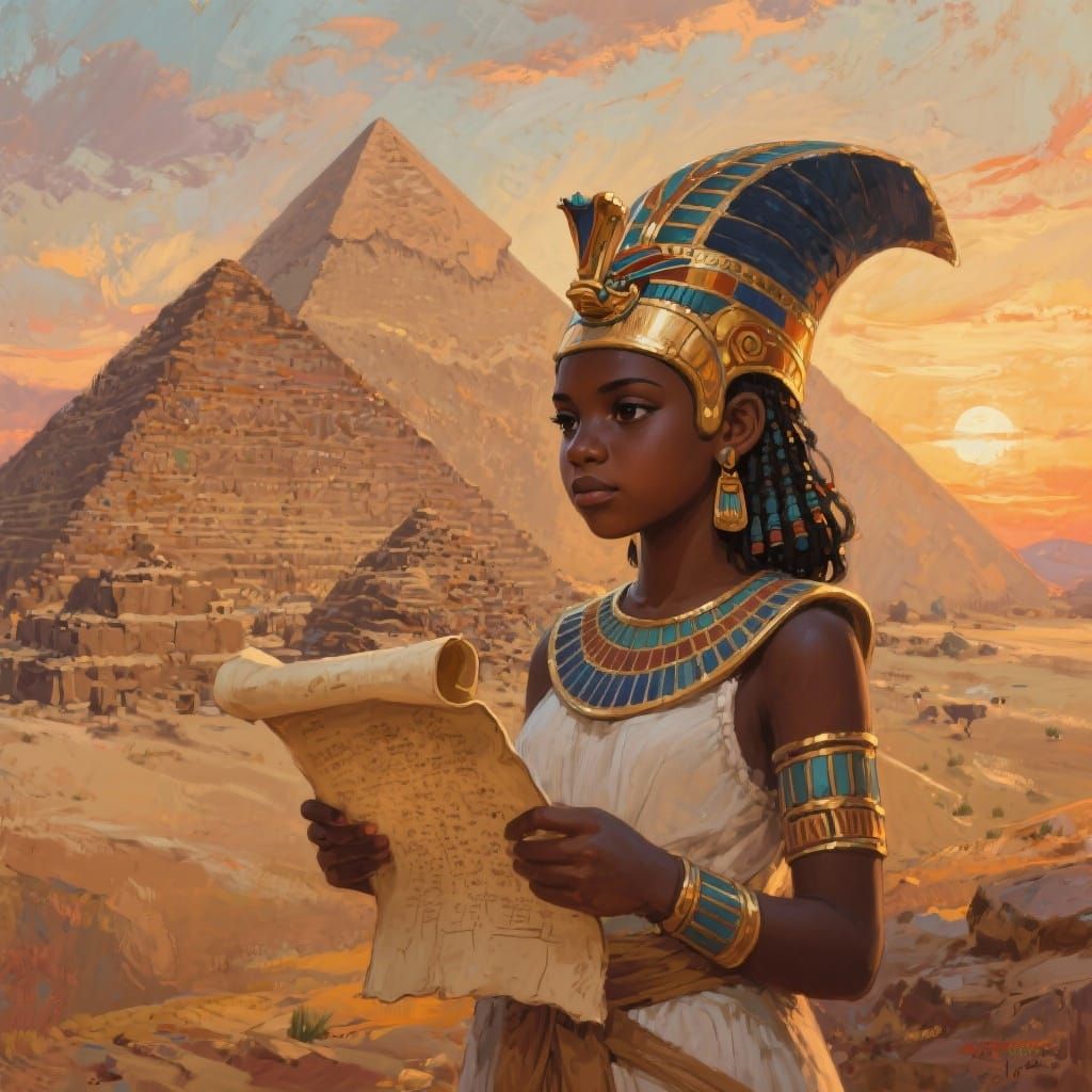 Ancient Egyptian Girl by Pyramids at Sunset
