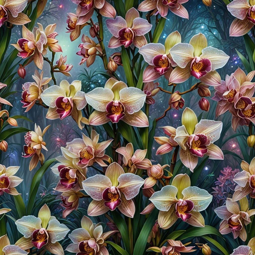 Cosmic Cymbidium Orchid: Holographic Fantasy Illustration