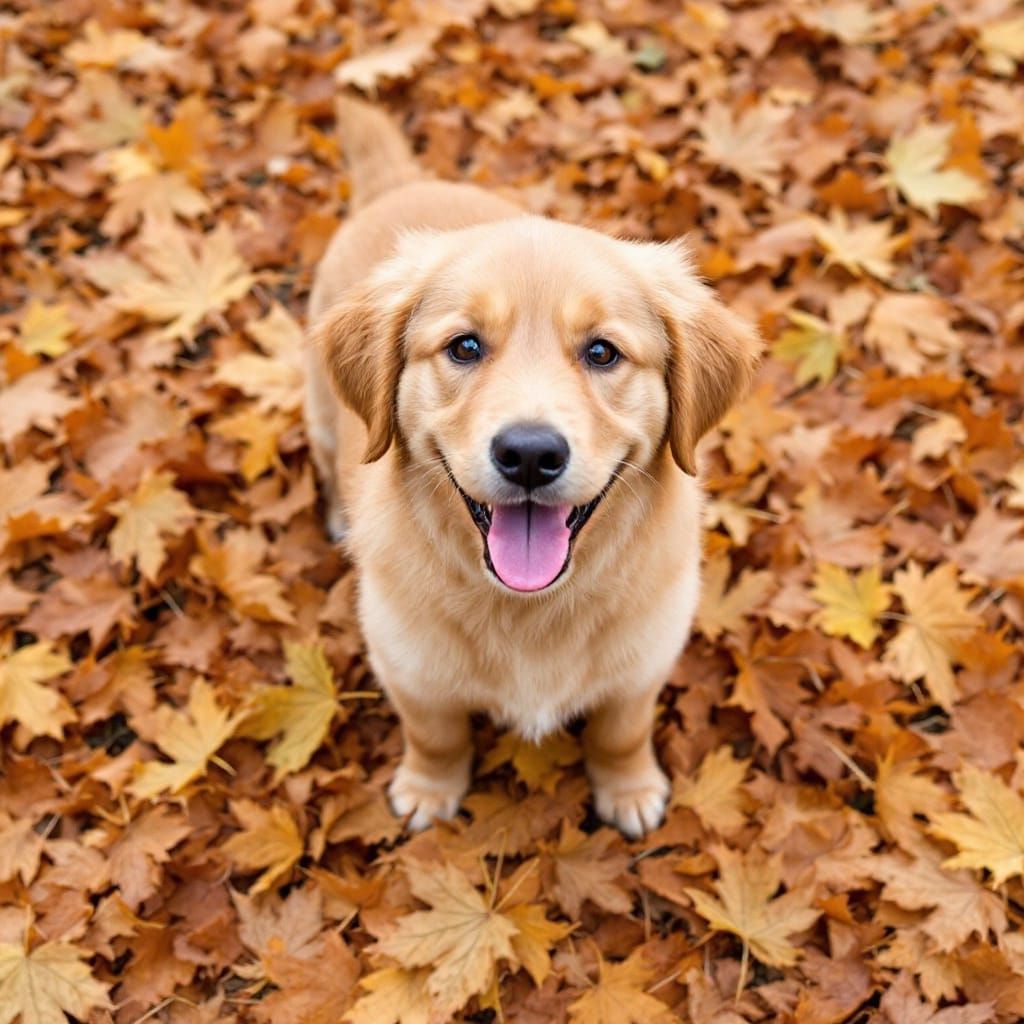 Joyful Golden Retriever Puppy Among Autumn Leaves