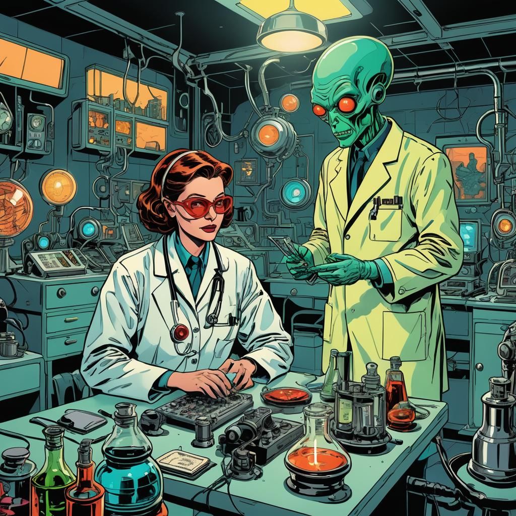 Alien Doctor Experimenting: Retro Comic Book Art