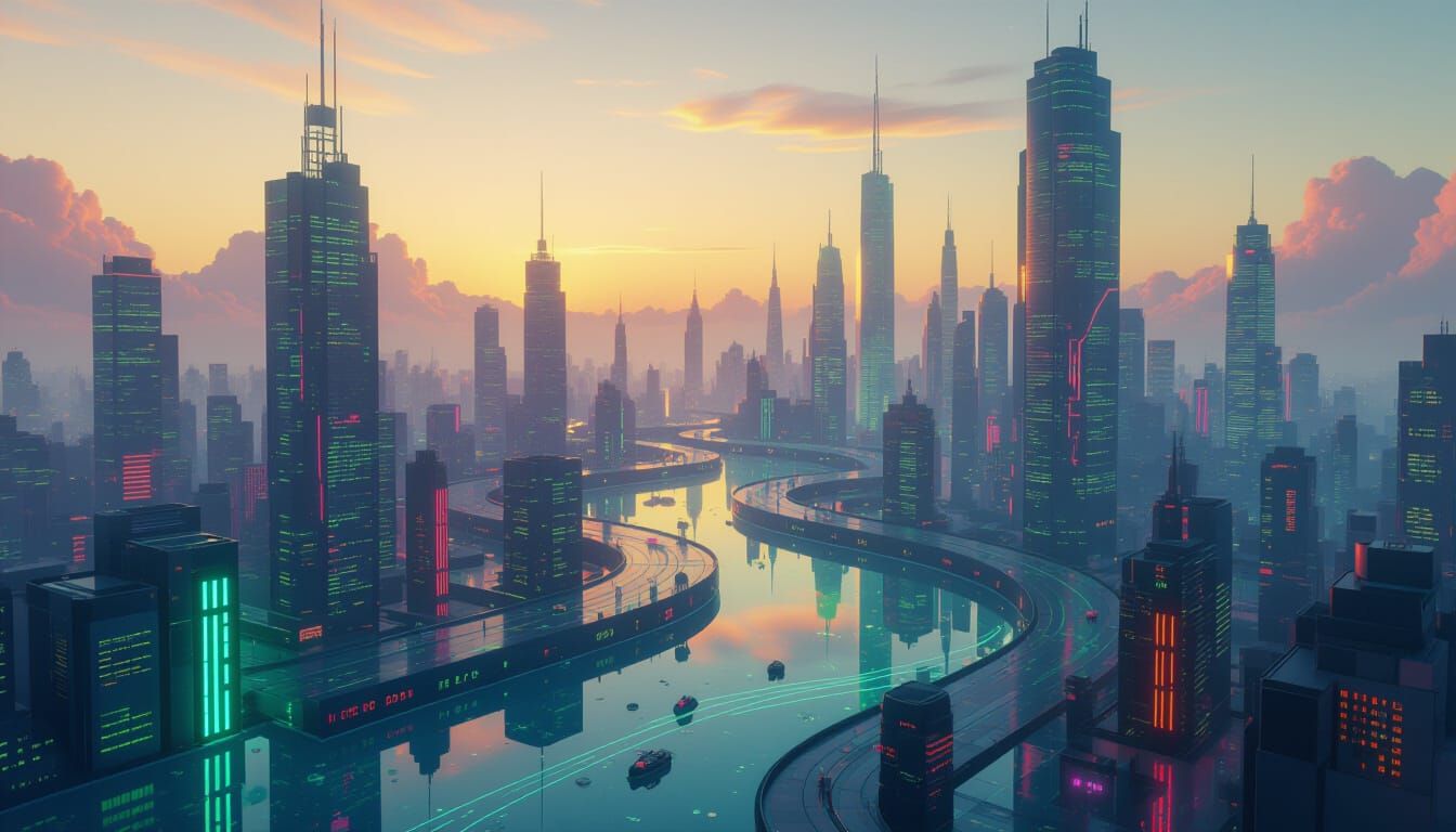 Surreal Floating City in Neon Fog