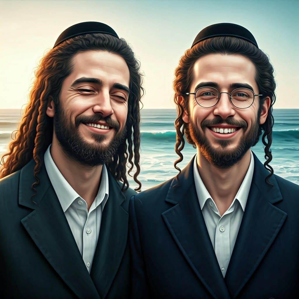 Hasidic Men Smiling by Ocean in Fantasy Art Style